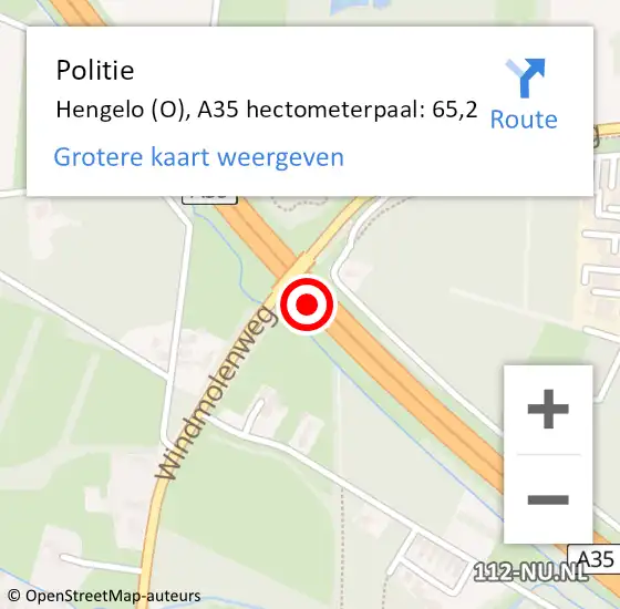 Locatie op kaart van de 112 melding: Politie Hengelo (O), A35 hectometerpaal: 65,2 op 3 mei 2024 16:20