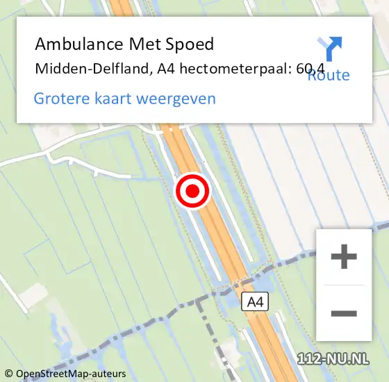 Locatie op kaart van de 112 melding: Ambulance Met Spoed Naar Midden-Delfland, A4 hectometerpaal: 60,4 op 3 mei 2024 16:26