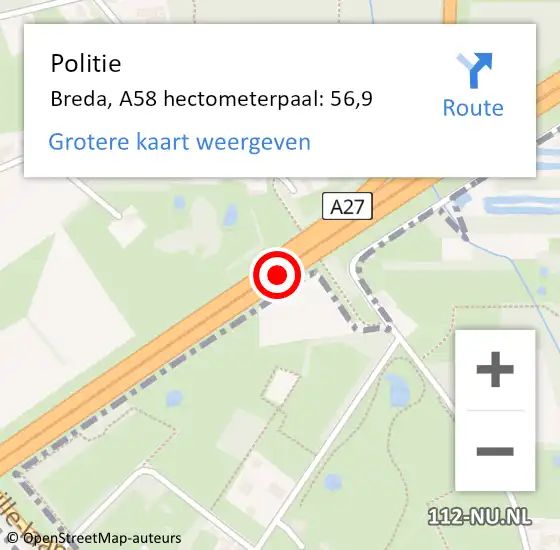 Locatie op kaart van de 112 melding: Politie Breda, A58 hectometerpaal: 56,9 op 3 mei 2024 20:37