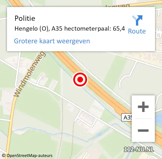 Locatie op kaart van de 112 melding: Politie Hengelo (O), A35 hectometerpaal: 65,4 op 3 mei 2024 21:36