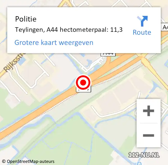 Locatie op kaart van de 112 melding: Politie Teylingen, A44 hectometerpaal: 11,3 op 3 mei 2024 23:57