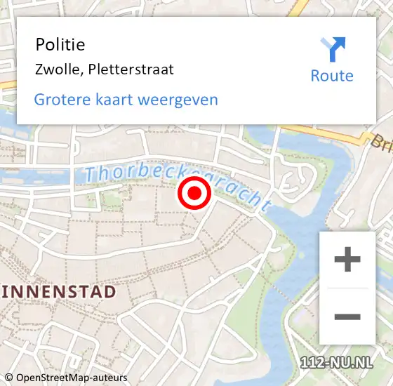 Locatie op kaart van de 112 melding: Politie Zwolle, Pletterstraat op 4 mei 2024 00:49