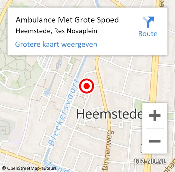 Locatie op kaart van de 112 melding: Ambulance Met Grote Spoed Naar Heemstede, Res Novaplein op 4 mei 2024 04:28