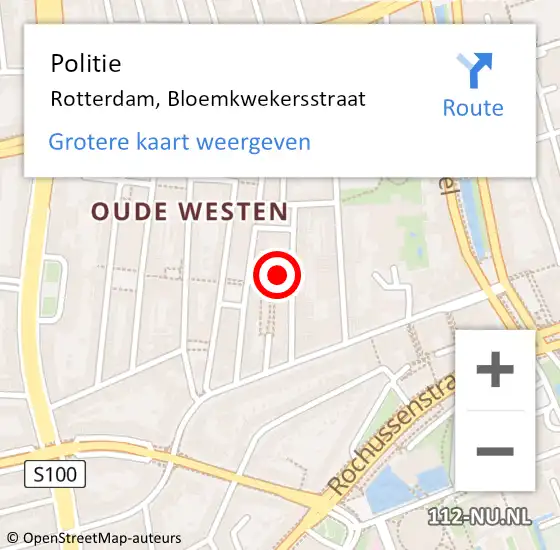 Locatie op kaart van de 112 melding: Politie Rotterdam, Bloemkwekersstraat op 4 mei 2024 05:02