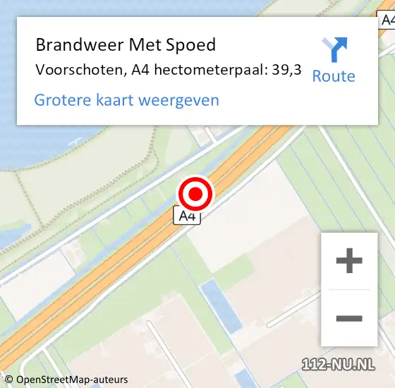 Locatie op kaart van de 112 melding: Brandweer Met Spoed Naar Voorschoten, A4 hectometerpaal: 39,3 op 4 mei 2024 05:42