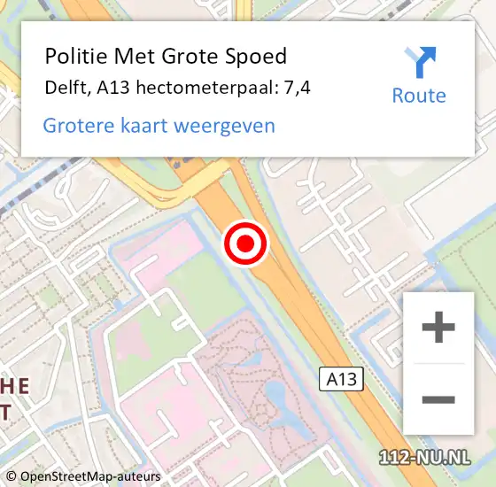 Locatie op kaart van de 112 melding: Politie Met Grote Spoed Naar Delft, A13 hectometerpaal: 7,4 op 4 mei 2024 05:54
