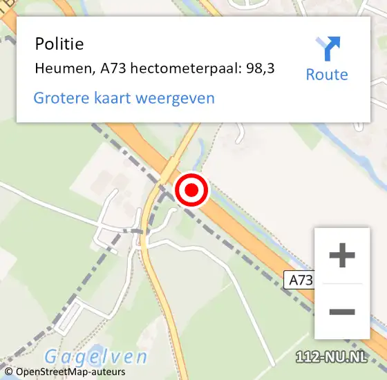 Locatie op kaart van de 112 melding: Politie Heumen, A73 hectometerpaal: 98,3 op 4 mei 2024 07:07