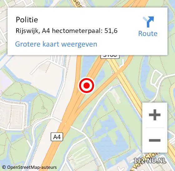 Locatie op kaart van de 112 melding: Politie Rijswijk, A4 hectometerpaal: 51,6 op 4 mei 2024 09:26