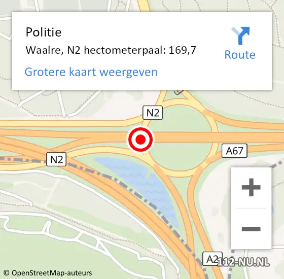 Locatie op kaart van de 112 melding: Politie Waalre, N2 hectometerpaal: 169,7 op 4 mei 2024 09:42