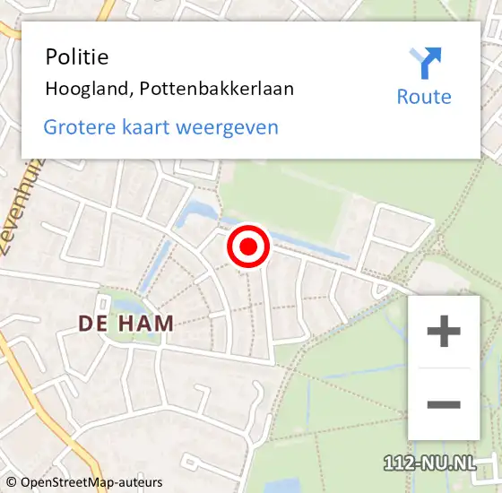 Locatie op kaart van de 112 melding: Politie Hoogland, Pottenbakkerlaan op 4 mei 2024 09:58