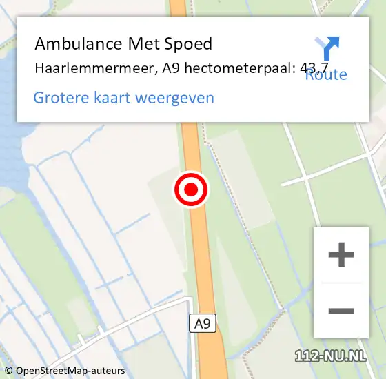 Locatie op kaart van de 112 melding: Ambulance Met Spoed Naar Haarlemmermeer, A9 hectometerpaal: 43,7 op 4 mei 2024 10:15