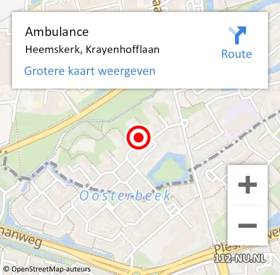 Locatie op kaart van de 112 melding: Ambulance Heemskerk, Krayenhofflaan op 4 mei 2024 10:51