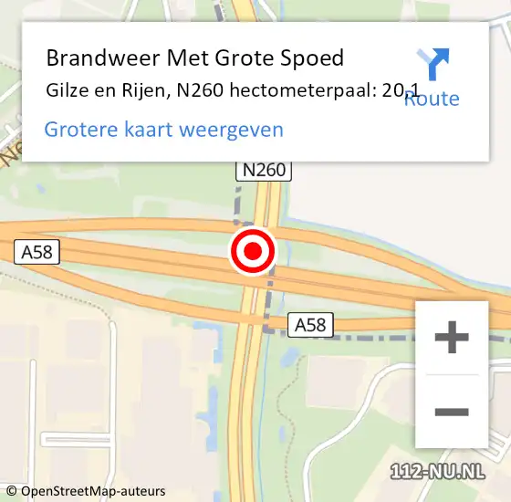 Locatie op kaart van de 112 melding: Brandweer Met Grote Spoed Naar Gilze en Rijen, N260 hectometerpaal: 20,1 op 4 mei 2024 11:10