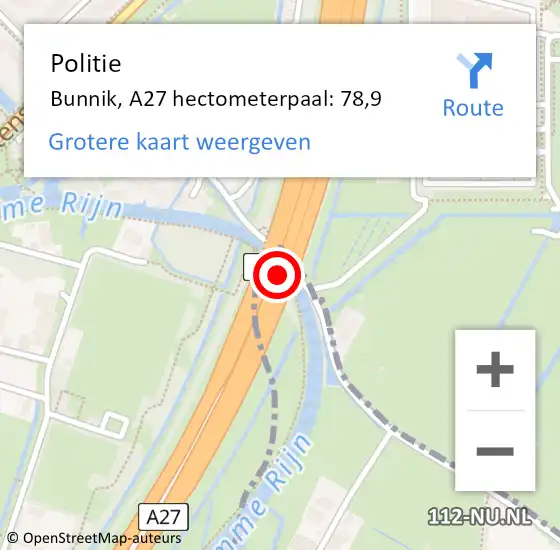 Locatie op kaart van de 112 melding: Politie Bunnik, A27 hectometerpaal: 78,9 op 4 mei 2024 11:29