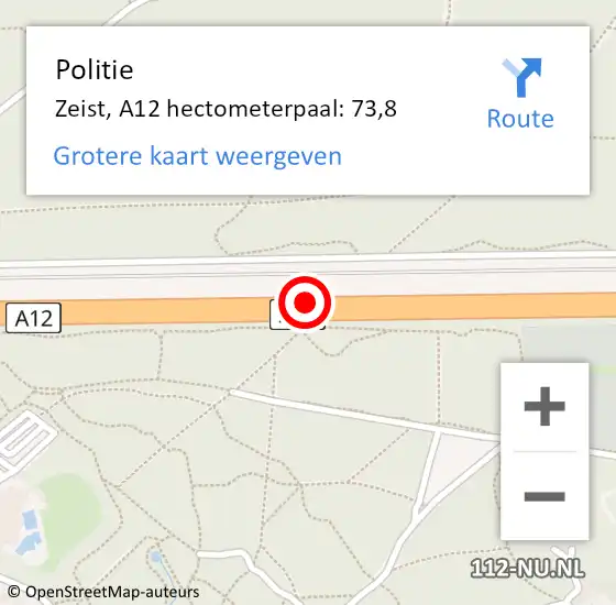 Locatie op kaart van de 112 melding: Politie Zeist, A12 hectometerpaal: 73,8 op 4 mei 2024 11:31