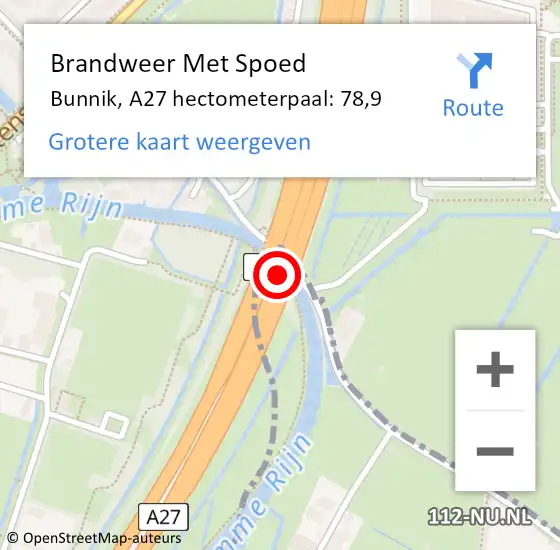 Locatie op kaart van de 112 melding: Brandweer Met Spoed Naar Bunnik, A27 hectometerpaal: 78,9 op 4 mei 2024 11:43