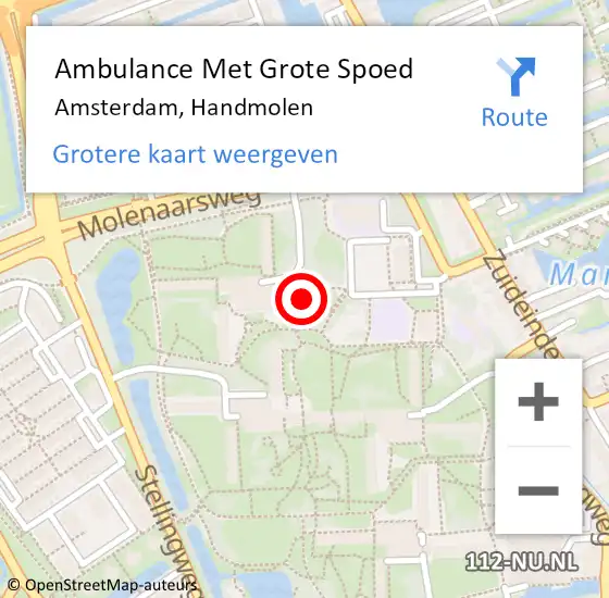 Locatie op kaart van de 112 melding: Ambulance Met Grote Spoed Naar Amsterdam, Handmolen op 4 mei 2024 12:11