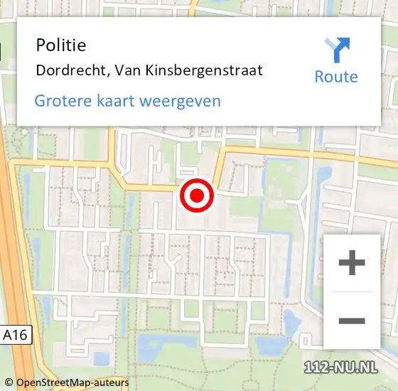 Locatie op kaart van de 112 melding: Politie Dordrecht, Van Kinsbergenstraat op 4 mei 2024 13:14