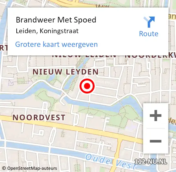Locatie op kaart van de 112 melding: Brandweer Met Spoed Naar Leiden, Koningstraat op 4 mei 2024 13:31