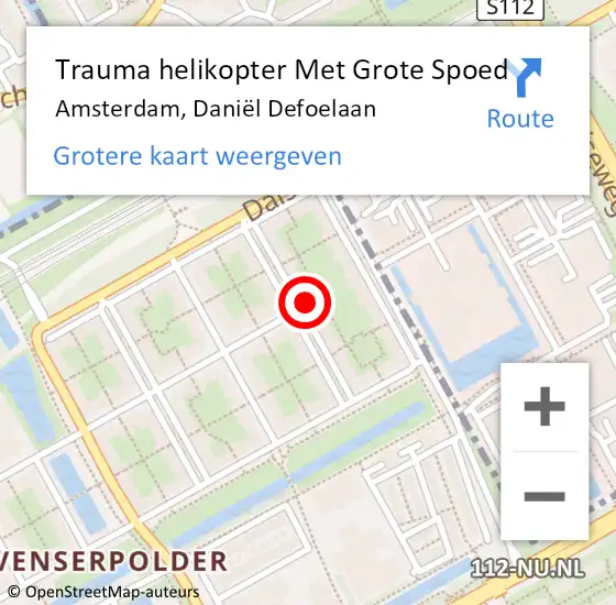 Locatie op kaart van de 112 melding: Trauma helikopter Met Grote Spoed Naar Amsterdam, Daniël Defoelaan op 4 mei 2024 14:02