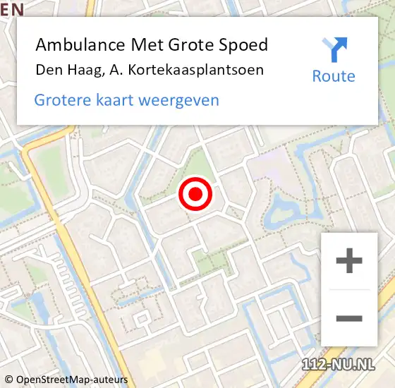 Locatie op kaart van de 112 melding: Ambulance Met Grote Spoed Naar Den Haag, A. Kortekaasplantsoen op 4 mei 2024 14:23