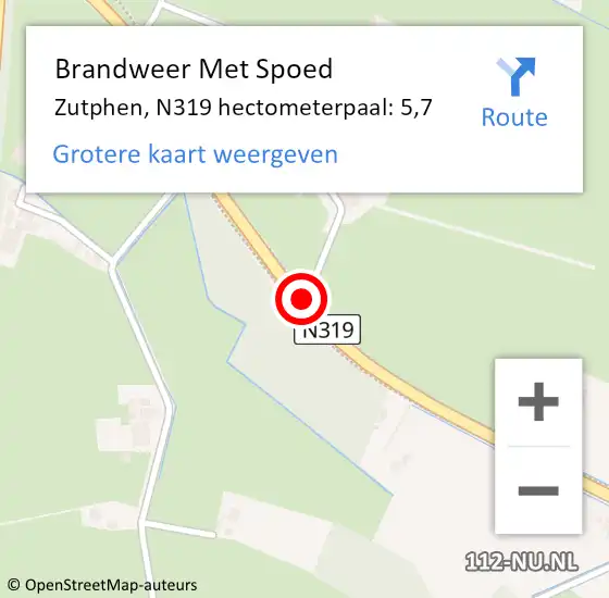 Locatie op kaart van de 112 melding: Brandweer Met Spoed Naar Zutphen, N319 hectometerpaal: 5,7 op 4 mei 2024 17:00