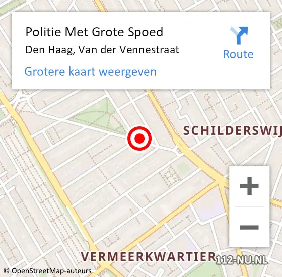 Locatie op kaart van de 112 melding: Politie Met Grote Spoed Naar Den Haag, Van der Vennestraat op 4 mei 2024 17:22