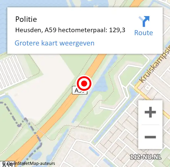 Locatie op kaart van de 112 melding: Politie Heusden, A59 hectometerpaal: 129,3 op 4 mei 2024 18:34