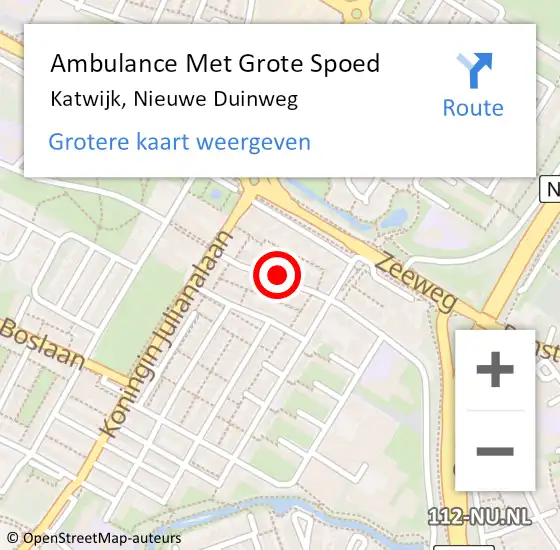 Locatie op kaart van de 112 melding: Ambulance Met Grote Spoed Naar Katwijk, Nieuwe Duinweg op 4 mei 2024 20:15