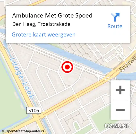 Locatie op kaart van de 112 melding: Ambulance Met Grote Spoed Naar Den Haag, Troelstrakade op 4 mei 2024 21:50