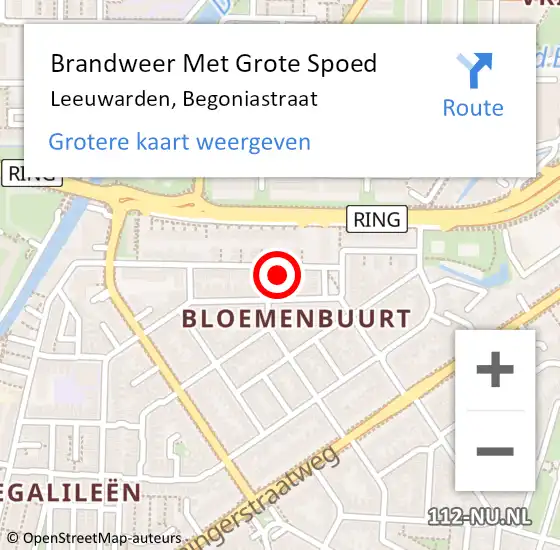 Locatie op kaart van de 112 melding: Brandweer Met Grote Spoed Naar Leeuwarden, Begoniastraat op 4 mei 2024 22:47