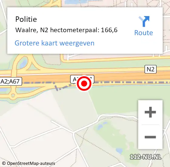 Locatie op kaart van de 112 melding: Politie Waalre, N2 hectometerpaal: 166,6 op 4 mei 2024 22:59