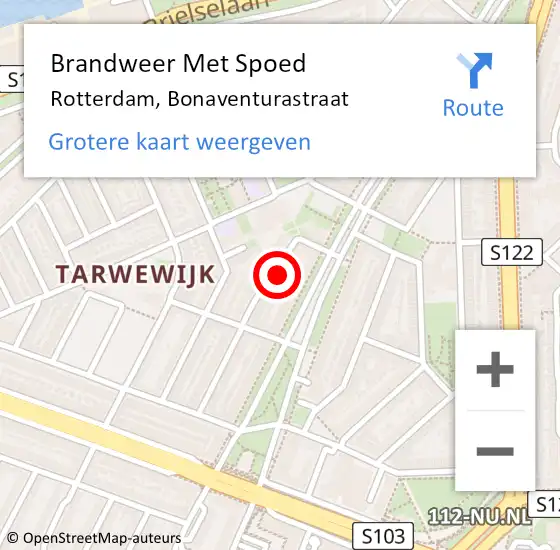 Locatie op kaart van de 112 melding: Brandweer Met Spoed Naar Rotterdam, Bonaventurastraat op 5 mei 2024 00:40
