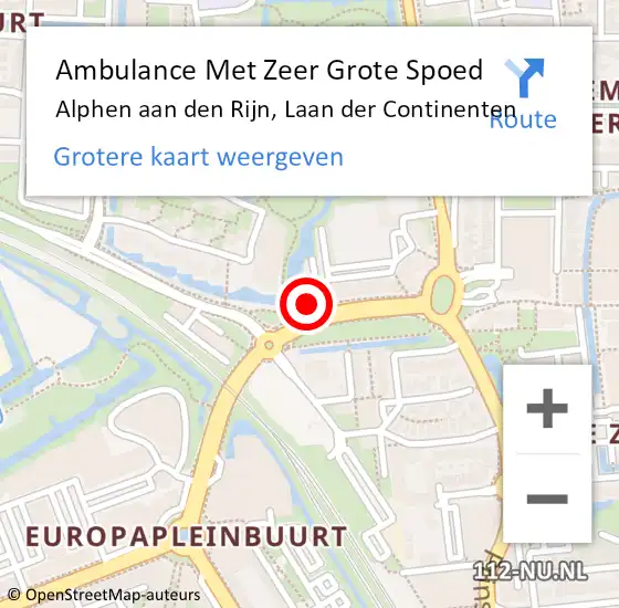 Locatie op kaart van de 112 melding: Ambulance Met Zeer Grote Spoed Naar Alphen aan den Rijn, Laan der Continenten op 5 mei 2024 01:44