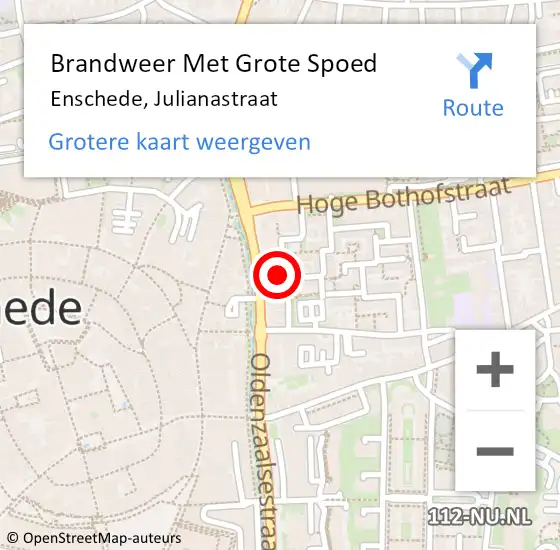 Locatie op kaart van de 112 melding: Brandweer Met Grote Spoed Naar Enschede, Julianastraat op 5 mei 2024 02:35