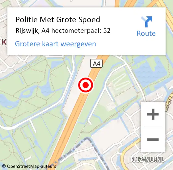 Locatie op kaart van de 112 melding: Politie Met Grote Spoed Naar Rijswijk, A4 hectometerpaal: 52 op 5 mei 2024 03:35