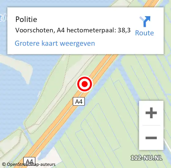 Locatie op kaart van de 112 melding: Politie Voorschoten, A4 hectometerpaal: 38,3 op 5 mei 2024 04:41