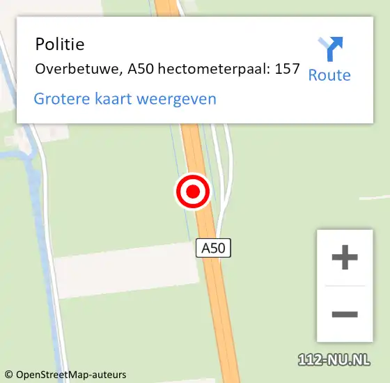 Locatie op kaart van de 112 melding: Politie Overbetuwe, A50 hectometerpaal: 157 op 5 mei 2024 05:32