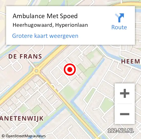 Locatie op kaart van de 112 melding: Ambulance Met Spoed Naar Heerhugowaard, Hyperionlaan op 5 mei 2024 08:41