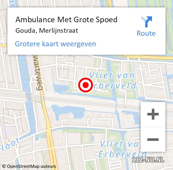 Locatie op kaart van de 112 melding: Ambulance Met Grote Spoed Naar Gouda, Merlijnstraat op 5 mei 2024 10:31
