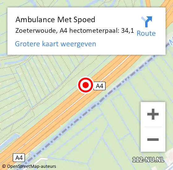 Locatie op kaart van de 112 melding: Ambulance Met Spoed Naar Zoeterwoude, A4 hectometerpaal: 34,1 op 5 mei 2024 12:43