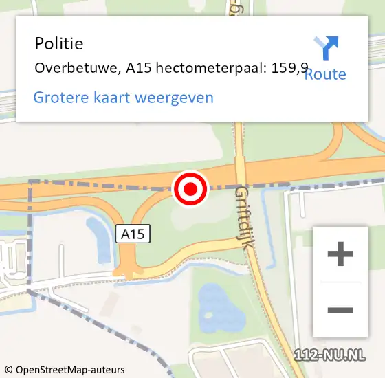 Locatie op kaart van de 112 melding: Politie Overbetuwe, A15 hectometerpaal: 159,9 op 5 mei 2024 13:49