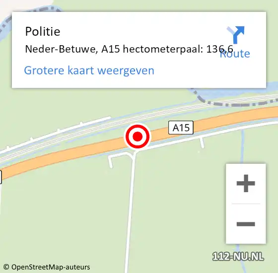 Locatie op kaart van de 112 melding: Politie Neder-Betuwe, A15 hectometerpaal: 136,6 op 5 mei 2024 14:27