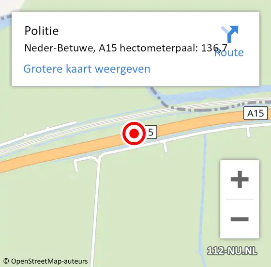 Locatie op kaart van de 112 melding: Politie Neder-Betuwe, A15 hectometerpaal: 136,7 op 5 mei 2024 14:27