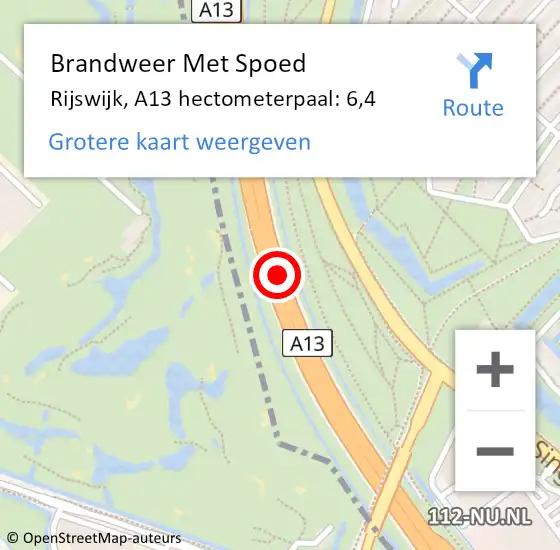Locatie op kaart van de 112 melding: Brandweer Met Spoed Naar Rijswijk, A13 hectometerpaal: 6,4 op 5 mei 2024 14:42