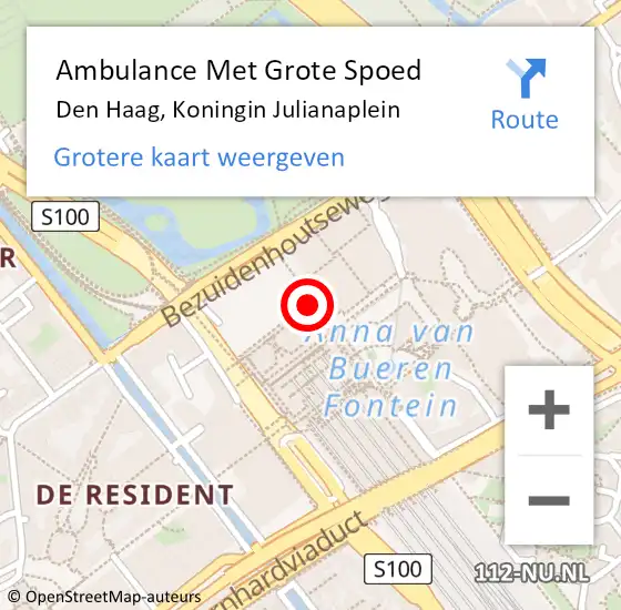 Locatie op kaart van de 112 melding: Ambulance Met Grote Spoed Naar Den Haag, Koningin Julianaplein op 5 mei 2024 15:10