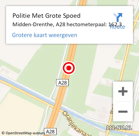 Locatie op kaart van de 112 melding: Politie Met Grote Spoed Naar Midden-Drenthe, A28 hectometerpaal: 162,3 op 5 mei 2024 15:12