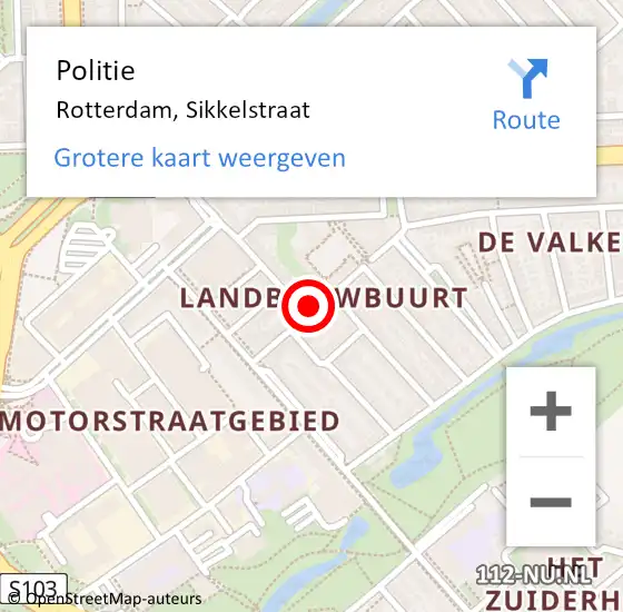 Locatie op kaart van de 112 melding: Politie Rotterdam, Sikkelstraat op 5 mei 2024 16:19