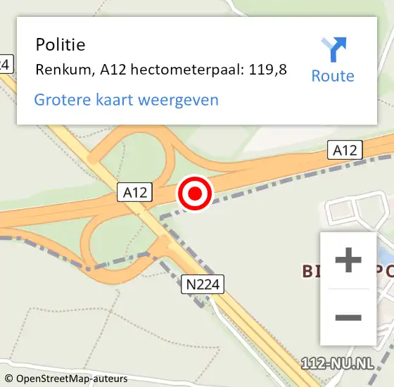 Locatie op kaart van de 112 melding: Politie Renkum, A12 hectometerpaal: 119,8 op 5 mei 2024 17:57