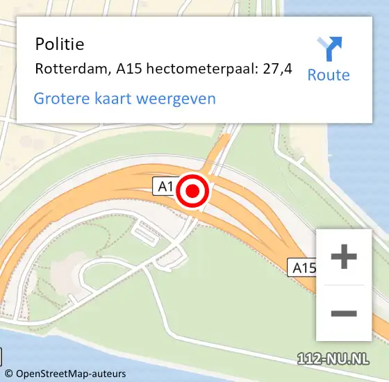 Locatie op kaart van de 112 melding: Politie Rotterdam, A15 hectometerpaal: 27,4 op 5 mei 2024 18:16